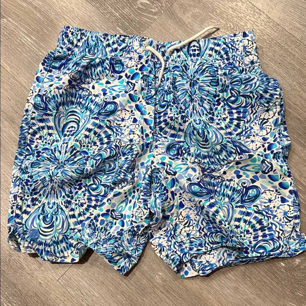 Lilly Pulitzer Boys Junior Capri Blue and White Kids Swim Trunks, size XL; Like